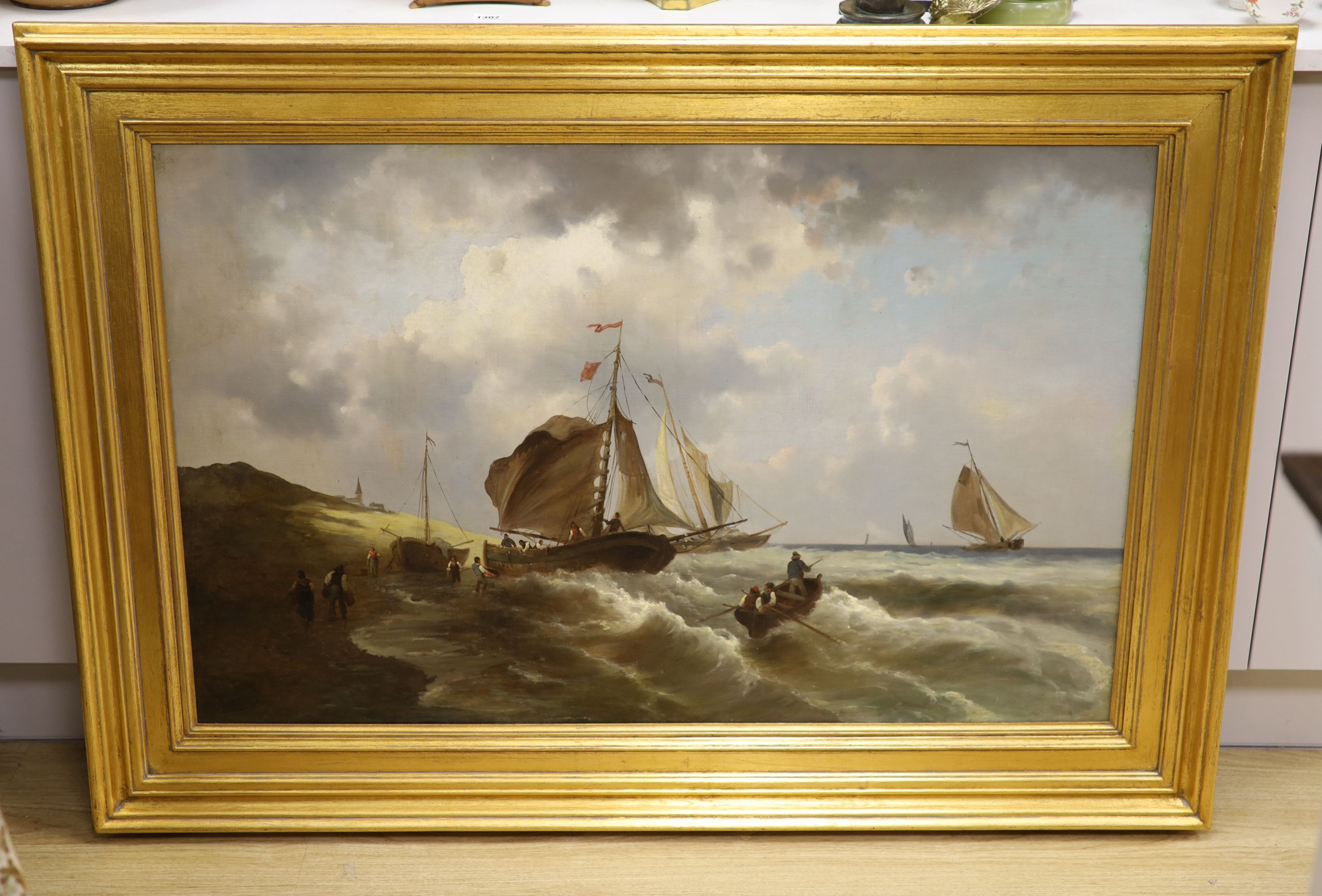 F. van Mieris (19th C.), oil on canvas, Fishing boats along the Dutch coast, signed, 66 x 103cm.